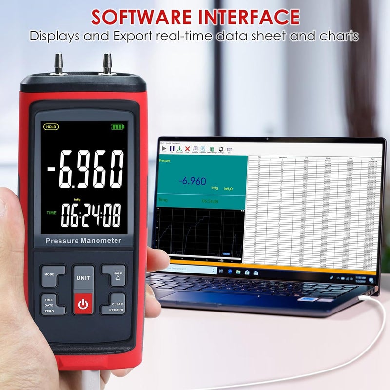 DANOPLUS Manometer Data Logger Digital Manometer Gas Pressure Tester with ±200 inH2O Measuring Range, Differential Pressure Gauge 13 Selectable Units Manometer HVAC with Large LCD Screen - Image 3